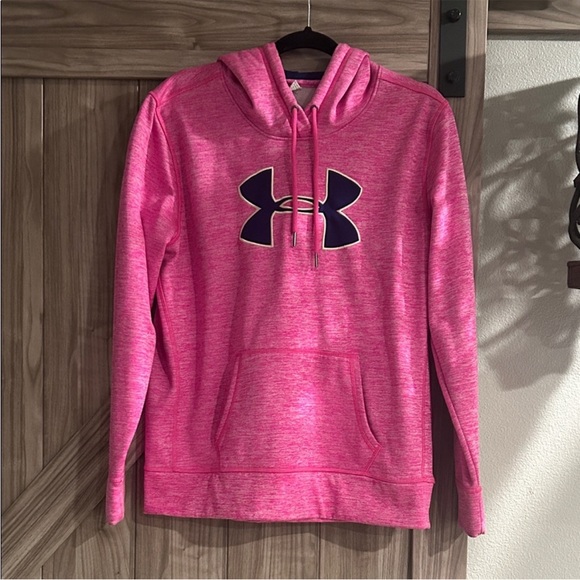Under Armour Tops - Under Armour Vibrant Pink and‎ Navy Blue Logo Hoodie Size L